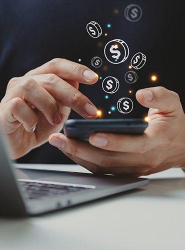 hand of businessman using smart phone with coin icon.